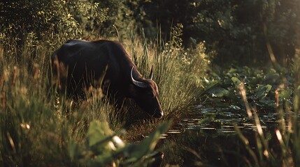 Water buffalo drinking from a pond in lush green foliage a serene wildlife scene in natural habitat perfect for nature and travel themes