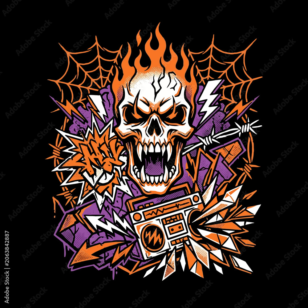 Obraz premium Flaming skull graffiti art with boombox and spider webs in urban street style.