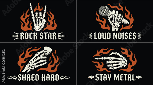 Foto Rock and roll skeleton hand set with flaming accents and text labels for music e