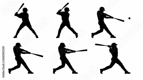Black silhouette icons of a baseball player hitting the ball in different positions