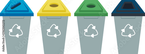Colored containers for waste sorting. Environmental awareness. Recycling bins. Vector flat cartoon clip art.