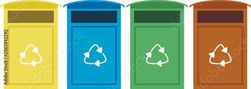 Colored containers for waste sorting. Environmental awareness. Recycling bins. Vector flat cartoon clip art.