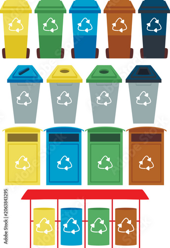 Colored containers for waste sorting. Environmental awareness. Recycling bins. Vector flat cartoon clip art.