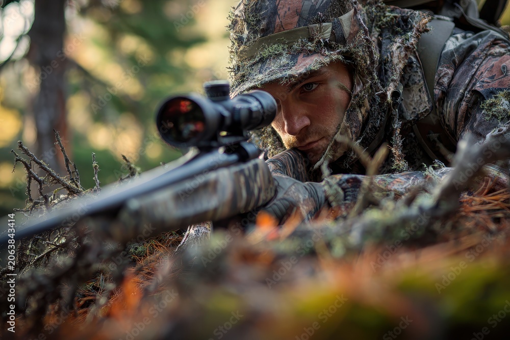 Naklejka premium Outdoor scene: hunter with rifle and scope waiting in quiet woodland