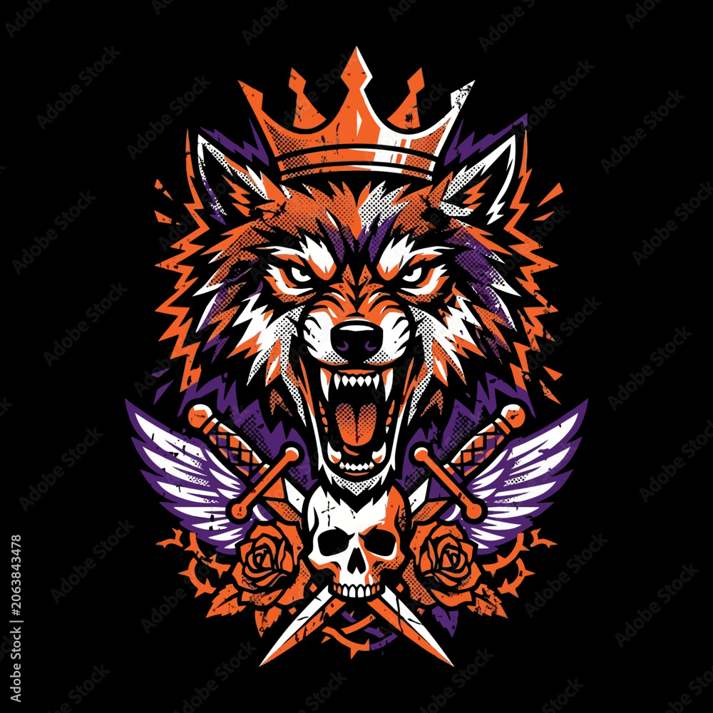 Obraz premium Aggressive Wolf King Illustration with Crown Skull Daggers and Wings in Tattoo Style.