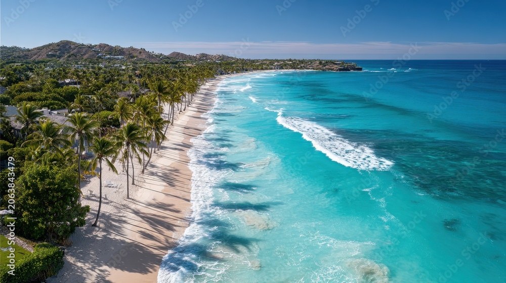 Fototapeta premium Overhead coastal paradise: palm trees, sandy shore, and rolling waves