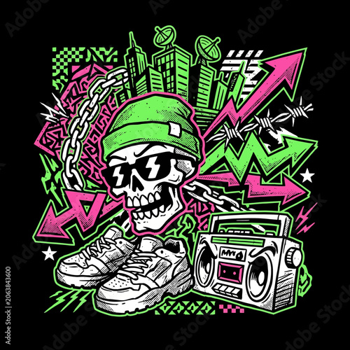 Urban Graffiti Skull Character with Boombox and Sneakers in Neon Street Art Style.