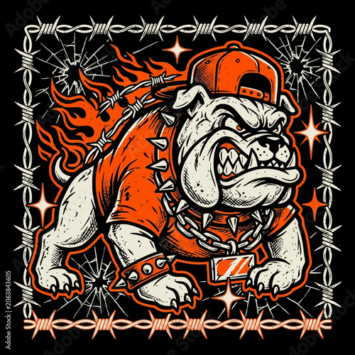 Aggressive Bulldog Mascot Illustration with Spiked Collar and Barbed Wire Frame.