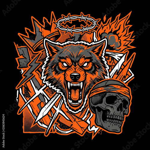 Aggressive Wolf Head Illustration with Skull and Barbed Wire Halo in Street Art Style.