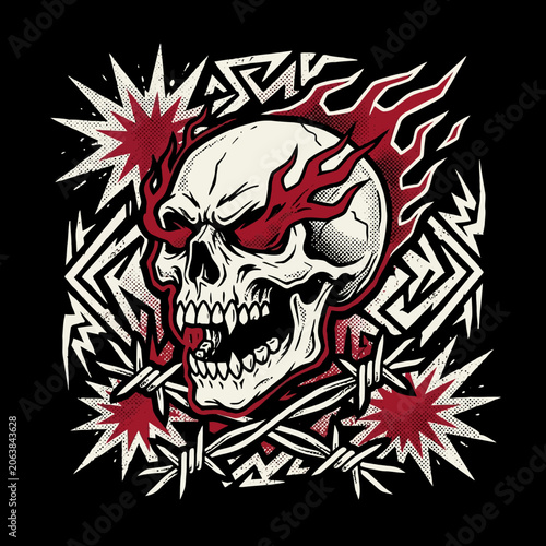 Aggressive Flaming Skull Illustration with Barbed Wire and Tribal Geometric Elements.