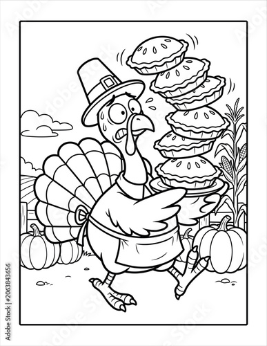 Cartoon turkey wearing pilgrim hat and apron carrying stack of pies for thanksgiving.