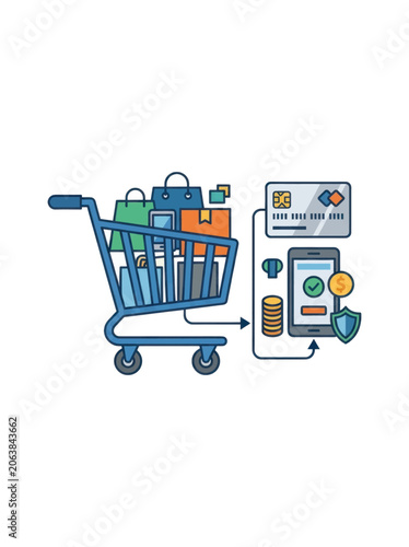 Online shopping concept with shopping cart full of bags and mobile payment processing.