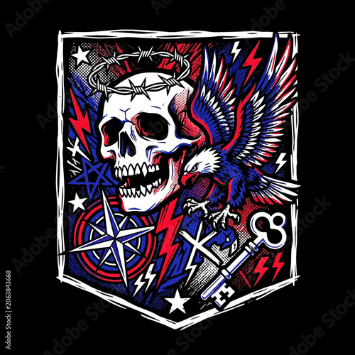 Edgy Rock and Roll Illustration Featuring Skull Eagle Barbed Wire and Key Symbols.