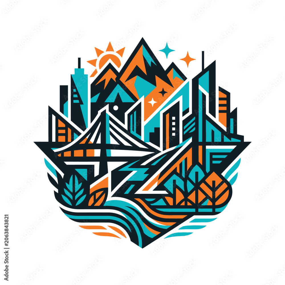 Obraz premium A vibrant geometric city landscape with mountains and a bridge