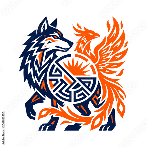 Powerful wolf and phoenix emblem with intricate tribal patterns