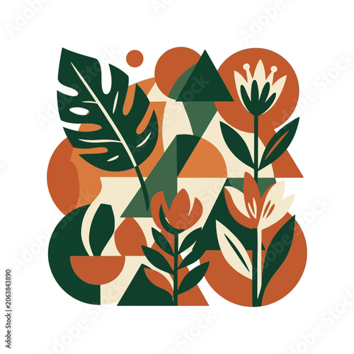 Abstract botanical illustration with geometric shapes and earthy colors