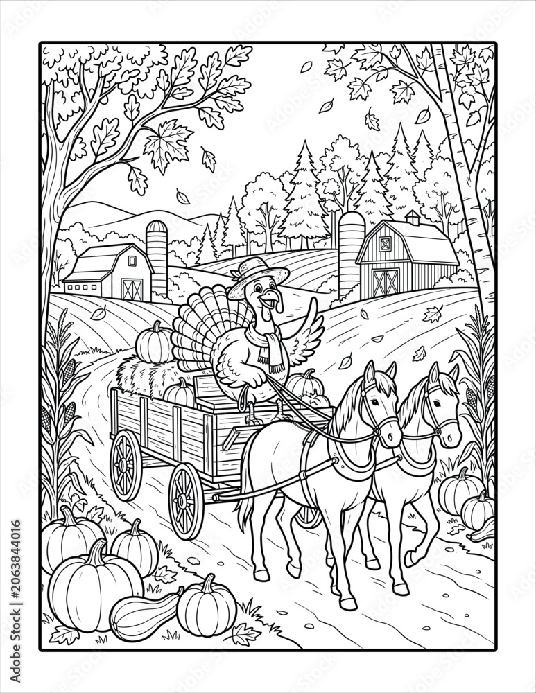 Obraz premium Cheerful turkey driving horse drawn wagon through autumn farm fields in North America.