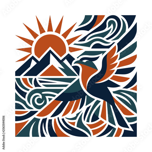 Vibrant geometric bird design with sun, mountains and waves