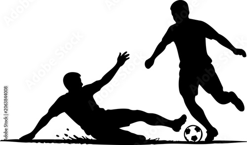 Football soccer player silhouette sliding tackle defense and dribbling ball