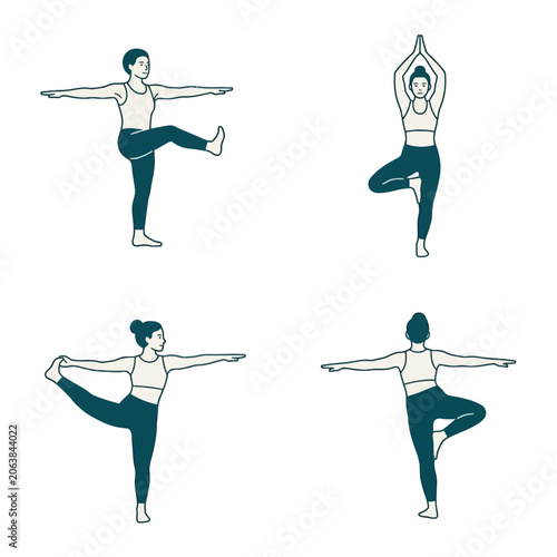 Illustrations of a person performing different balance and yoga exercises
