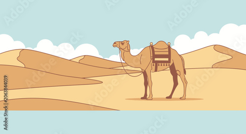 Tableau sur toile Dromedary camel with saddle standing in sandy desert