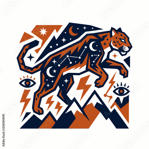 Geometric wild cat with celestial elements and mountain peaks