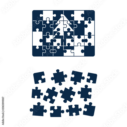Assembled puzzle pieces create a house, representing solutions and unity