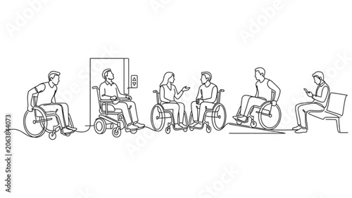Wheelchair Users Entourage One Line Accessibility Vector SVG Set