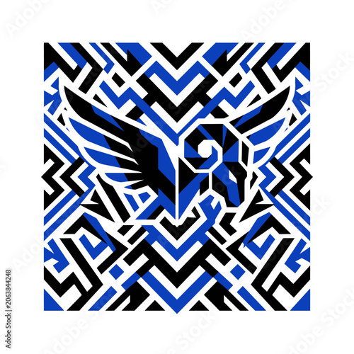 Geometric winged animal head design with abstract blue and black pattern