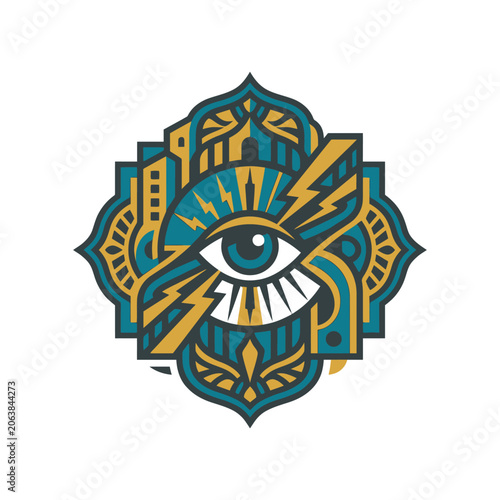 Intricate eye illustration with lightning bolts and abstract city elements