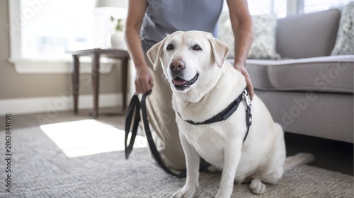 Happy labrador with owner indoors: ready for a walk in sunlit room
