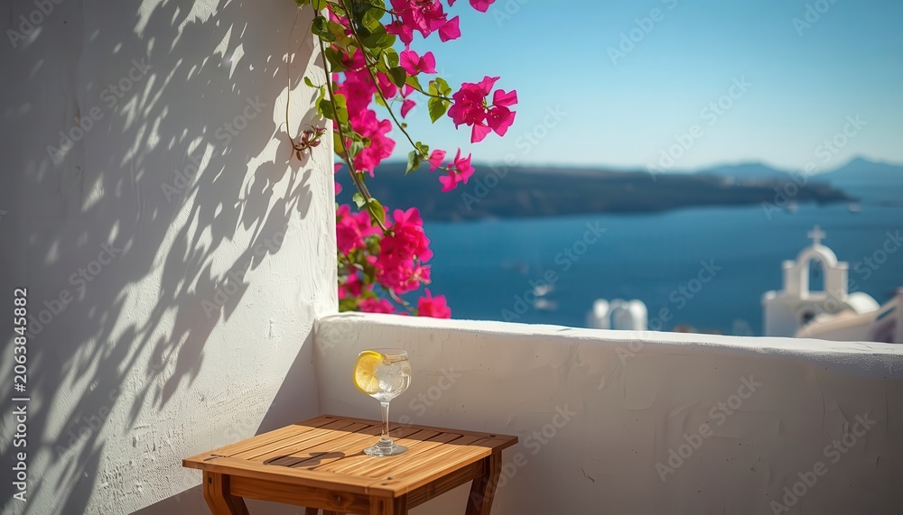 Fototapeta premium Cozy rustic balcony in Greece with refreshing cocktail on wooden table, blurred Santorini sea view and white church background