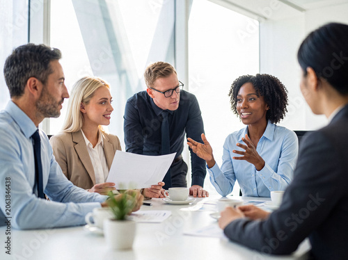 Tableau sur toile Diverse business team engaging in a lively discussion during a meeting in a bright, modern office