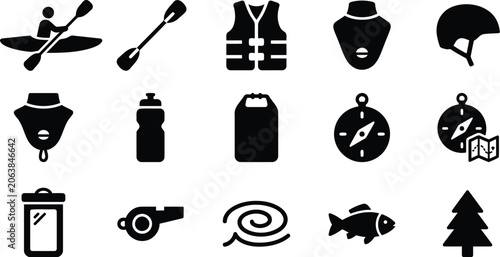 A collection of black and white icons illustrating kayaking, outdoor water sports, safety gear, navigation tools, and elements of nature for adventure enthusiasts.