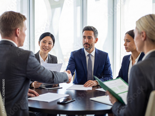 Canvastavla Professional business people shaking hands at a meeting, symbolizing agreement and partnership in a modern office