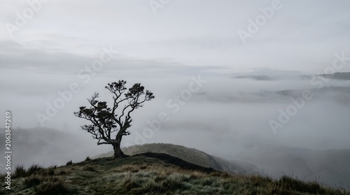 Lone Tree Emerging from Morning Fog in New Zealand Countryside