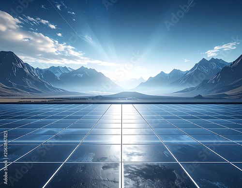 Solar panels in mountainous landscape sunrise.