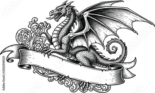 Vintage Medieval Dragon with Ribbon Scroll Banner and Baroque Ornaments Woodcut Sketch Engraving Style Mythological Creature Heraldic Crest Design Vector Illustration