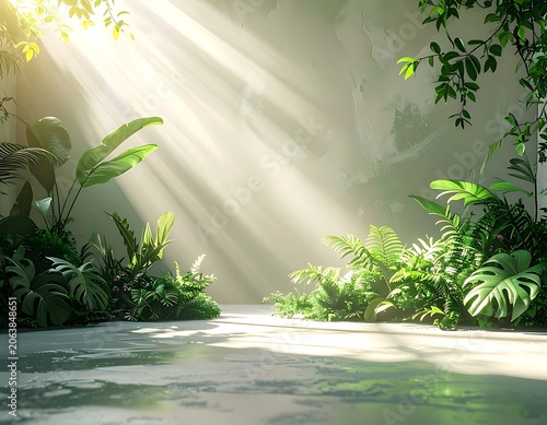 Sunlight filtering through tropical green plants.