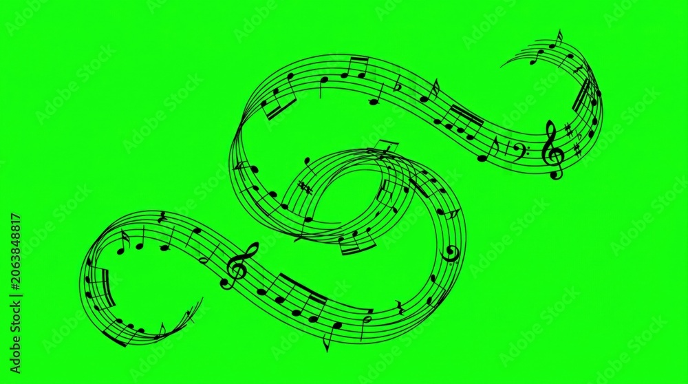 Naklejka premium Musical Melody Swirl: A flowing musical staff, adorned with black notes and symbols, elegantly spirals against a vibrant green backdrop, creating a dynamic representation of music and melody.