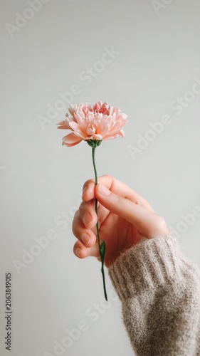 Hand holding a single flower in a minimalist setting
