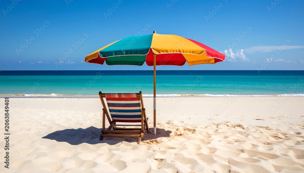 Obraz premium Beach chairs and umbrellas on a sunny tropical beach by the sea with blue sky and soft sand