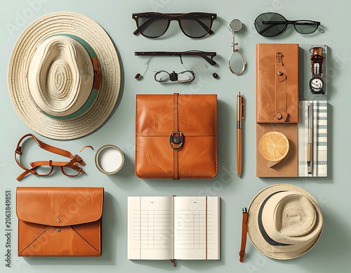 Travel accessories and leather goods arranged.