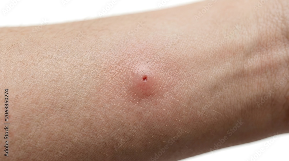 Fototapeta premium Close-up macro view of a red insect bite or sting on human skin, showing a small pustule and inflamed area, medical dermatology concept, skin irritation and allergic reaction detail