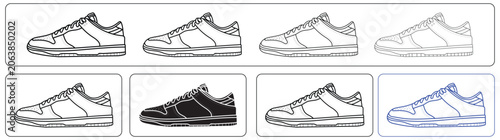 Foto Sneaker design resource pack featuring editable vector outlines, multiple line weight options, and black-and-white filled artwork variations