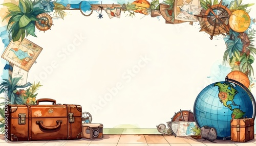 Travel theme frame with vintage suitcase and globe, front view wide shot for copy space, watercolor illustration, soft daylight, on white background.