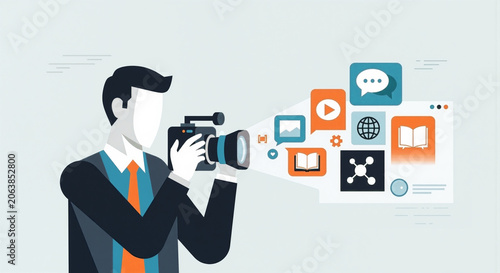 Businessman recording video content for social media and online platforms with digital icons