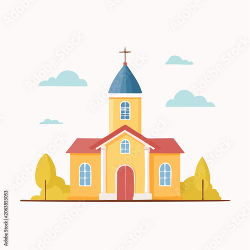 Flat Illustration of a Yellow Church with a Blue Steeple