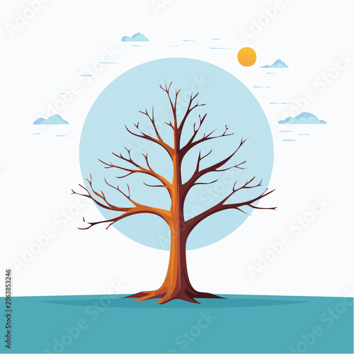 Stylized Bare Tree Against a Blue Circle and Sun