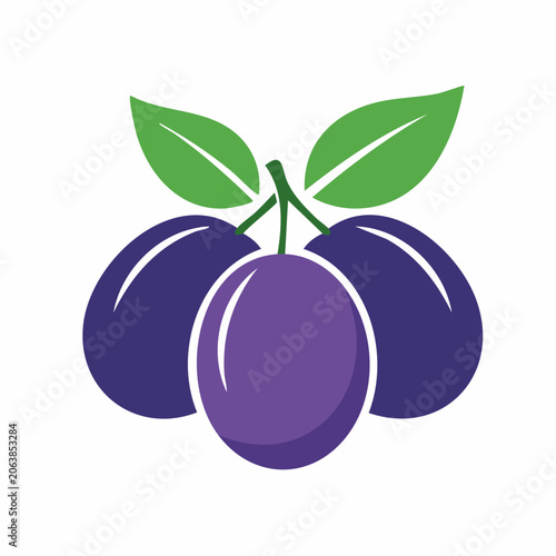 Stylized illustration of three plums with leaves